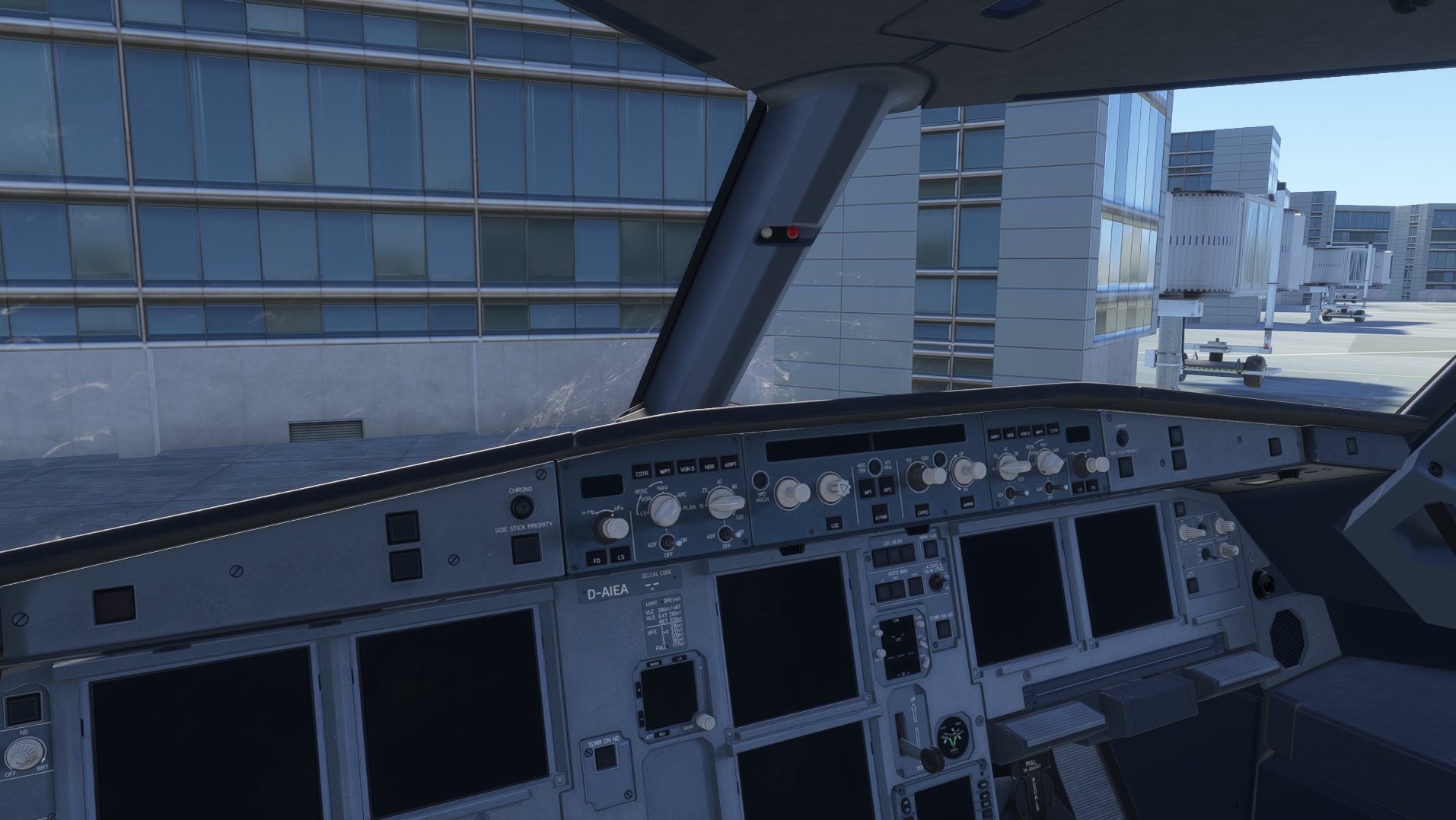 Cold and dark cockpit at EDDF gate - screens off, everything dark